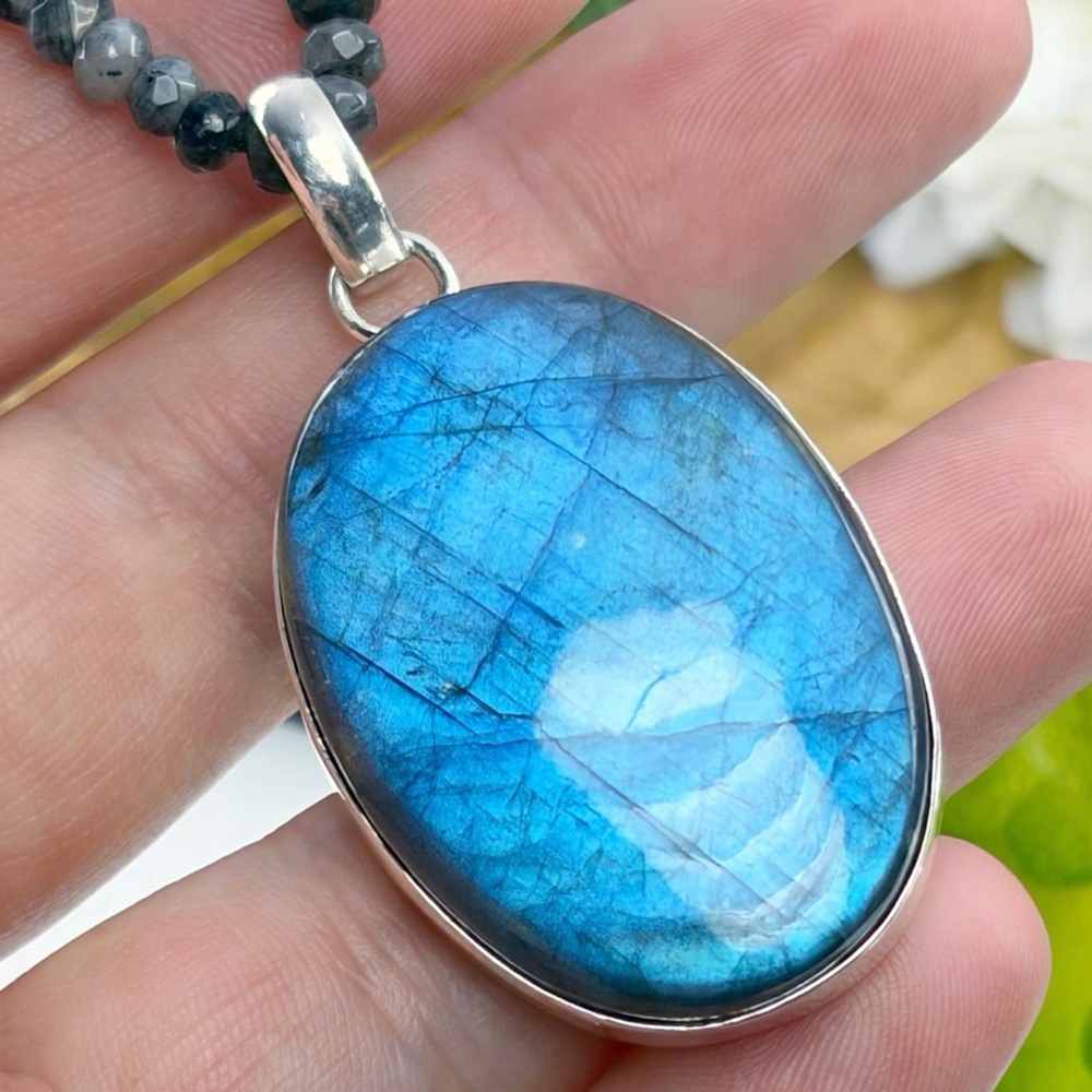 Pure Sterling Silver 925 Blue Labradorite Pendant Moonstone Necklace New